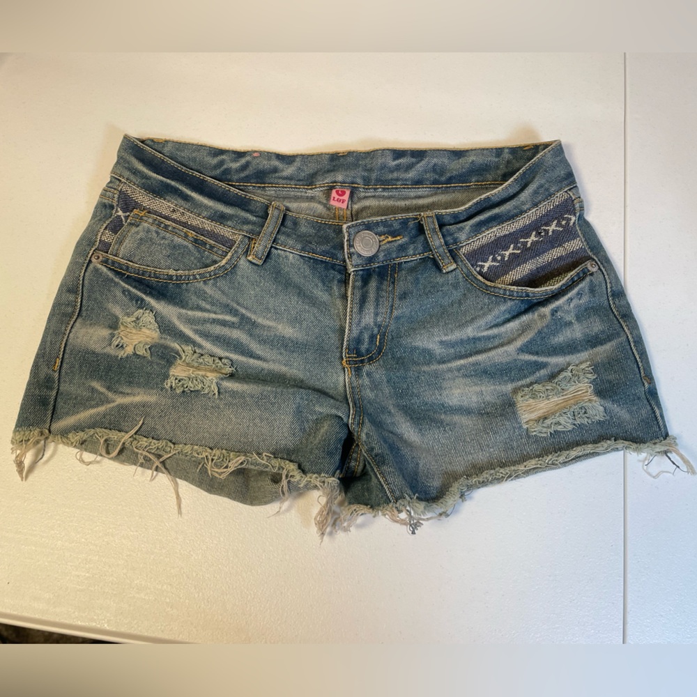 Embroidered Blue Jean Shorts‎ Women's Large L&F Boho Hippie Denim Summer